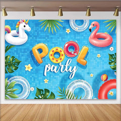 Lofaris Blue Pool Party Backdrop with Unicorn and Flamingo Floats, Fun Summer Background for Celebration Photoshoot