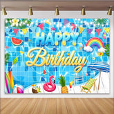 Lofaris Summer Pool Party Birthday Backdrop with Rainbow and Flamingo, Vibrant Swimming Pool Background for Kids Summer Celebration