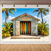 Lofaris Vibrant Summer Beach Hut Backdrop with Colorful Surfboards and Palm Trees, Tropical Photography Background for Vacation Party