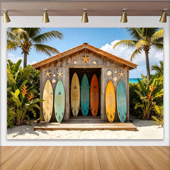 Lofaris Colorful Surfboards Beach Shack Photography Backdrop, Tropical Summer Vacation Photo Background for Studio