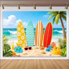 Lofaris Vibrant Summer Beach Photography Backdrop with Colorful Surfboards, Tropical Ocean Scene Background for Holiday Photos and Decor