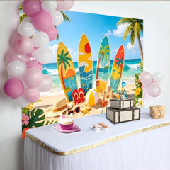 Lofaris Colorful Surfboard Beach Photography Backdrop with Palm Trees, Tropical Summer Background for Party Decor