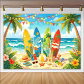 Lofaris Vibrant Summer Beach Photography Backdrop with Surfboards, Tropical Ocean Background for Party Decor and Photoshoots