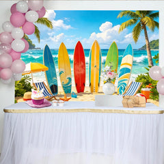 Lofaris Colorful Surfboard Summer Beach Photography Backdrop with Palm Trees and Ocean Waves, Tropical Vacation Studio Photoshoot