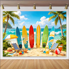Lofaris Colorful Surfboard Summer Beach Photography Backdrop with Palm Trees and Ocean Waves, Tropical Vacation Studio Photoshoot
