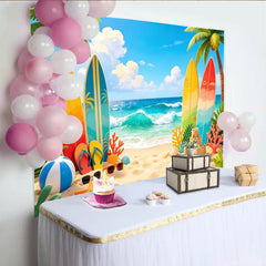 Lofaris Vibrant Summer Beach Photography Backdrop with Surfboards and Palm Trees, Tropical Ocean Wave Background for Vacation Photoshoot