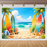 Lofaris Vibrant Summer Beach Photography Backdrop with Surfboards and Palm Trees, Tropical Ocean Wave Background for Vacation Photoshoot