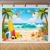 Lofaris Summer Beach Photography Backdrop with Ocean Waves and Palm Trees, Tropical Party Background for Photoshoot Decor