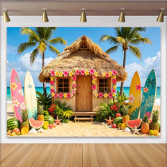 Lofaris Tropical Beach Photography Backdrop with Hawaiian Hut, Surfboards and Palm Trees, Summer Vacation Party Decor for Photoshoot