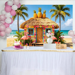 Lofaris Vibrant Tropical Summer Backdrop with Thatched Hut, Flamingos, Lush Hawaiian Beach Scene Background for Photoshoots