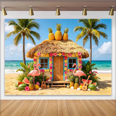 Lofaris Vibrant Tropical Summer Backdrop with Thatched Hut, Flamingos, Lush Hawaiian Beach Scene Background for Photoshoots