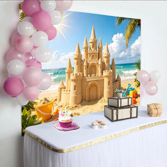 Lofaris Sunny Sandcastle Beach Photography Backdrop with Ocean Waves, Vibrant Summer Photo Background for Vacation and Kids Play