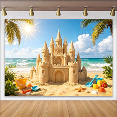 Lofaris Sunny Sandcastle Beach Photography Backdrop with Ocean Waves, Vibrant Summer Photo Background for Vacation and Kids Play