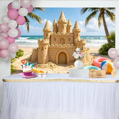 Lofaris Tropical Beach Sandcastle Photography Backdrop with Palm Trees and Ocean Waves, Summer Vacation Background for Kids Party Photo Booth