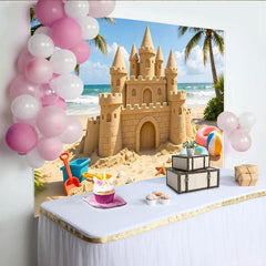 Lofaris Tropical Beach Sandcastle Photography Backdrop with Palm Trees and Ocean Waves, Summer Vacation Background for Kids Party Photo Booth