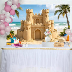 Lofaris Beach Sandcastle Photography Backdrop with Ocean and Palm Trees, Summer Seaside Photo Background for Vacation or Studio Shoots