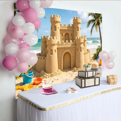 Lofaris Beach Sandcastle Photography Backdrop with Ocean and Palm Trees, Summer Seaside Photo Background for Vacation or Studio Shoots