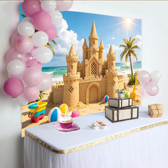 Lofaris Sunny Beach Sandcastle Photography Backdrop with Palm Trees and Ocean, Summer Vacation Background for Kids Photoshoot
