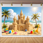 Lofaris Sunny Beach Sandcastle Photography Backdrop with Palm Trees and Ocean, Summer Vacation Background for Kids Photoshoot