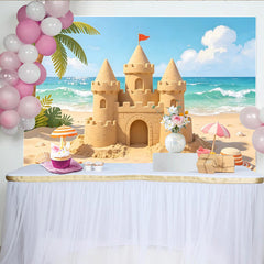Lofaris Vibrant Beach Sandcastle Photography Backdrop with Ocean Waves and Palm Tree, Summer Vacation Background for Studio Photoshoot
