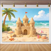 Lofaris Vibrant Beach Sandcastle Photography Backdrop with Ocean Waves and Palm Tree, Summer Vacation Background for Studio Photoshoot