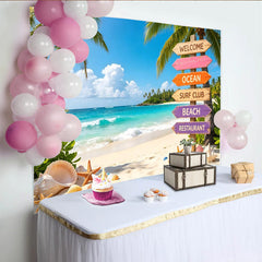 Lofaris Vibrant Tropical Beach Photography Backdrop with Palm Trees and Ocean, Colorful Wooden Signpost and Seashells Summer Vacation