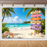 Lofaris Vibrant Tropical Beach Photography Backdrop with Palm Trees and Ocean, Colorful Wooden Signpost and Seashells Summer Vacation