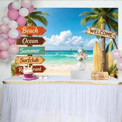 Lofaris Vibrant Summer Beach Photography Backdrop with Palm Trees and Surfboards, Tropical Ocean View Background for Vacation Decor