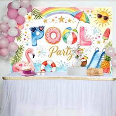 Lofaris Watercolor Summer Pool Party Birthday Backdrop with Flamingo and Donut Floats, Festive Photography Background for Kids Celebration