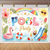 Lofaris Watercolor Summer Pool Party Birthday Backdrop with Flamingo and Donut Floats, Festive Photography Background for Kids Celebration