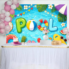 Lofaris Cartoon Pool Birthday Backdrop with Inflatable Letters and Summer Floats, Vibrant Party Background for Kids Celebration and Photoshoot