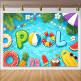 Lofaris Cartoon Pool Birthday Backdrop with Inflatable Letters and Summer Floats, Vibrant Party Background for Kids Celebration and Photoshoot