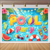 Lofaris Summer Pool Party Backdrop with Tropical Leaves and Fun Floats, Vibrant Photography Background for Kids and Adults