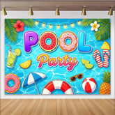 Lofaris Vibrant Cartoon Pool Party Backdrop with Summer Elements, Fun Photography Background for Kids and Adults
