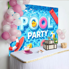 Lofaris Vibrant Blue Pool Party Photography Backdrop with Summer Floats and Palm Leaves, Fun Water Background for Event Photoshoot