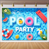 Lofaris Vibrant Blue Pool Party Photography Backdrop with Summer Floats and Palm Leaves, Fun Water Background for Event Photoshoot