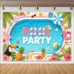 Lofaris Tropical Summer Pool Party Backdrop with Flamingo and Palm Leaves, Vibrant Photo Background for Beach Themed Celebration