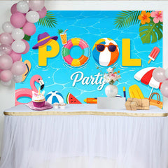 Lofaris Vibrant Blue Summer Pool Party Backdrop with Flamingo, Tropical Festive Background for Photoshoot and Decor.