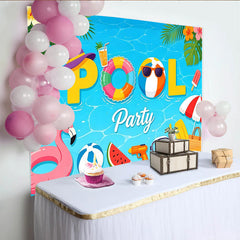 Lofaris Vibrant Blue Summer Pool Party Backdrop with Flamingo, Tropical Festive Background for Photoshoot and Decor.