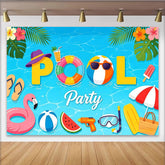 Lofaris Vibrant Blue Summer Pool Party Backdrop with Flamingo, Tropical Festive Background for Photoshoot and Decor.