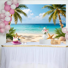 Lofaris Tropical Beach Photography Backdrop with Palm Trees String Lights, Vibrant Ocean Background for Summer Vacation