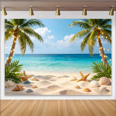 Lofaris Tropical Beach Photography Backdrop with Palm Trees String Lights, Vibrant Ocean Background for Summer Vacation