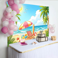 Lofaris Cartoon Summer Beach Photography Backdrop with Palm Trees and Ocean, Vibrant Tropical Background for Kids Party and Studio Photoshoot.