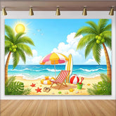 Lofaris Vibrant Summer Beach Photography Backdrop with Palm Trees and Ocean Waves, Ideal Tropical Vacation Photo Background for Party Decor