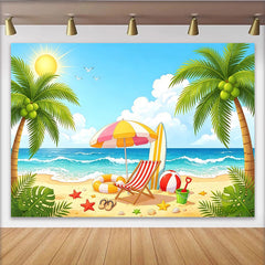 Lofaris Vibrant Summer Beach Photography Backdrop with Palm Trees and Ocean Waves, Ideal Tropical Vacation Photo Background for Party Decor