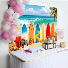 Lofaris Colorful Surfboard Beach Photography Backdrop with Ocean Waves, Ideal Summer Photo Background for Tropical Party Decor