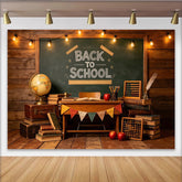 Lofaris Vintage Wooden Back To School Backdrop with Chalkboard and String Lights, Rustic Classroom Photo Background for Student Party Decor