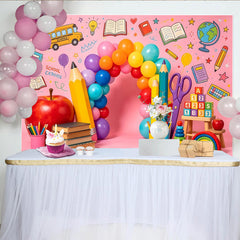 Lofaris Colorful Back To School Backdrop with Balloons and School Bus, Educational Photo Background for Classroom Decor