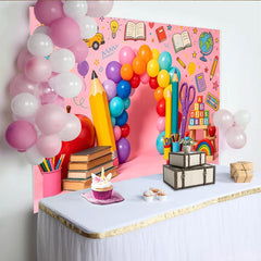 Lofaris Colorful Back To School Backdrop with Balloons and School Bus, Educational Photo Background for Classroom Decor