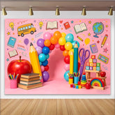 Lofaris Colorful Back To School Backdrop with Balloons and School Bus, Educational Photo Background for Classroom Decor